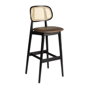 Relish Bar Stool - Beech Satin Black - Natural Cane Back - Lascari Vintage Brown Seat Pad