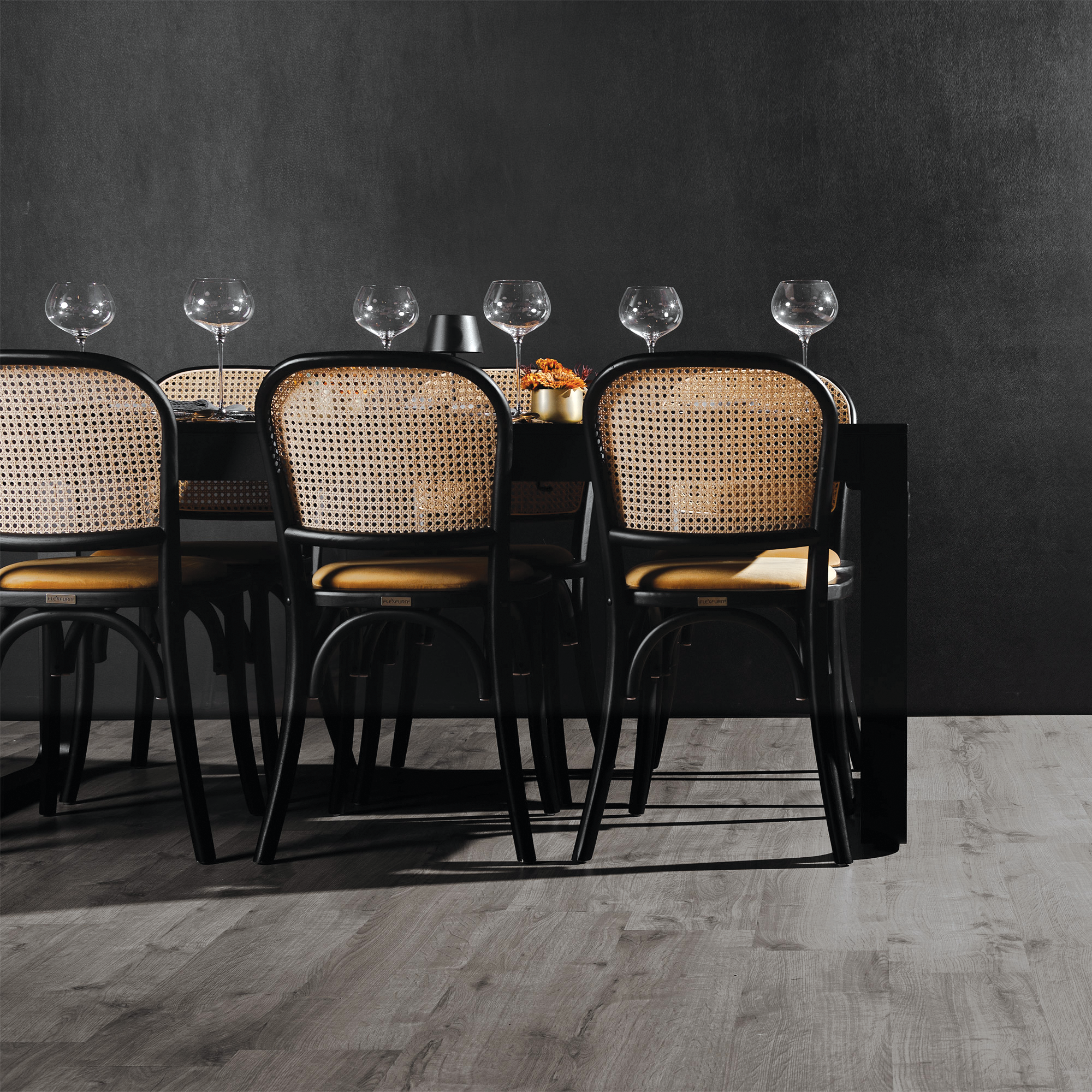 Ronda Stacking Side Chair - Black Frame - Natural Rattan Seat Pad