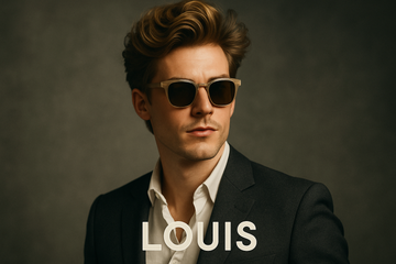 A Man name Louis with light sunglasses looking cool with big hair that is dark blonde in a suit jacket 